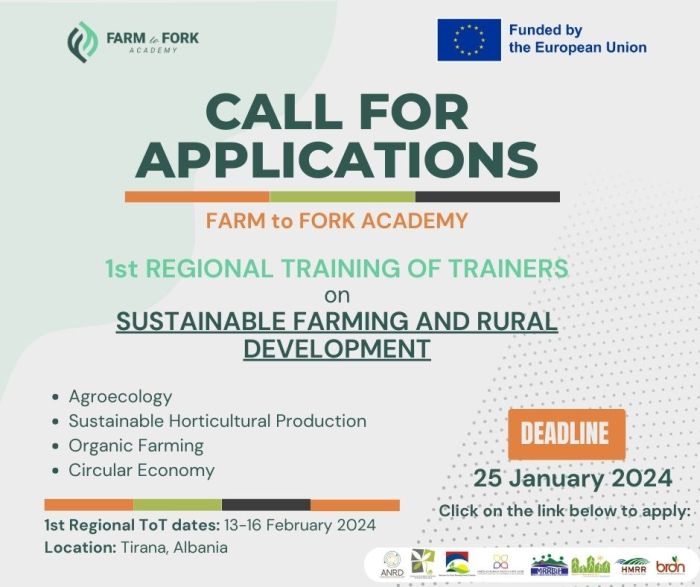 CALL FOR PARTICANTS APPLICATION FROM SERBIA - FARM TO FORK ACADEMY  1ST REGIONAL TRAINING OF TRAINERS  on SUSTAINABLE FARMING AND RURAL DEVELOPMENT   13-16 February 2024 Tirana, Albania